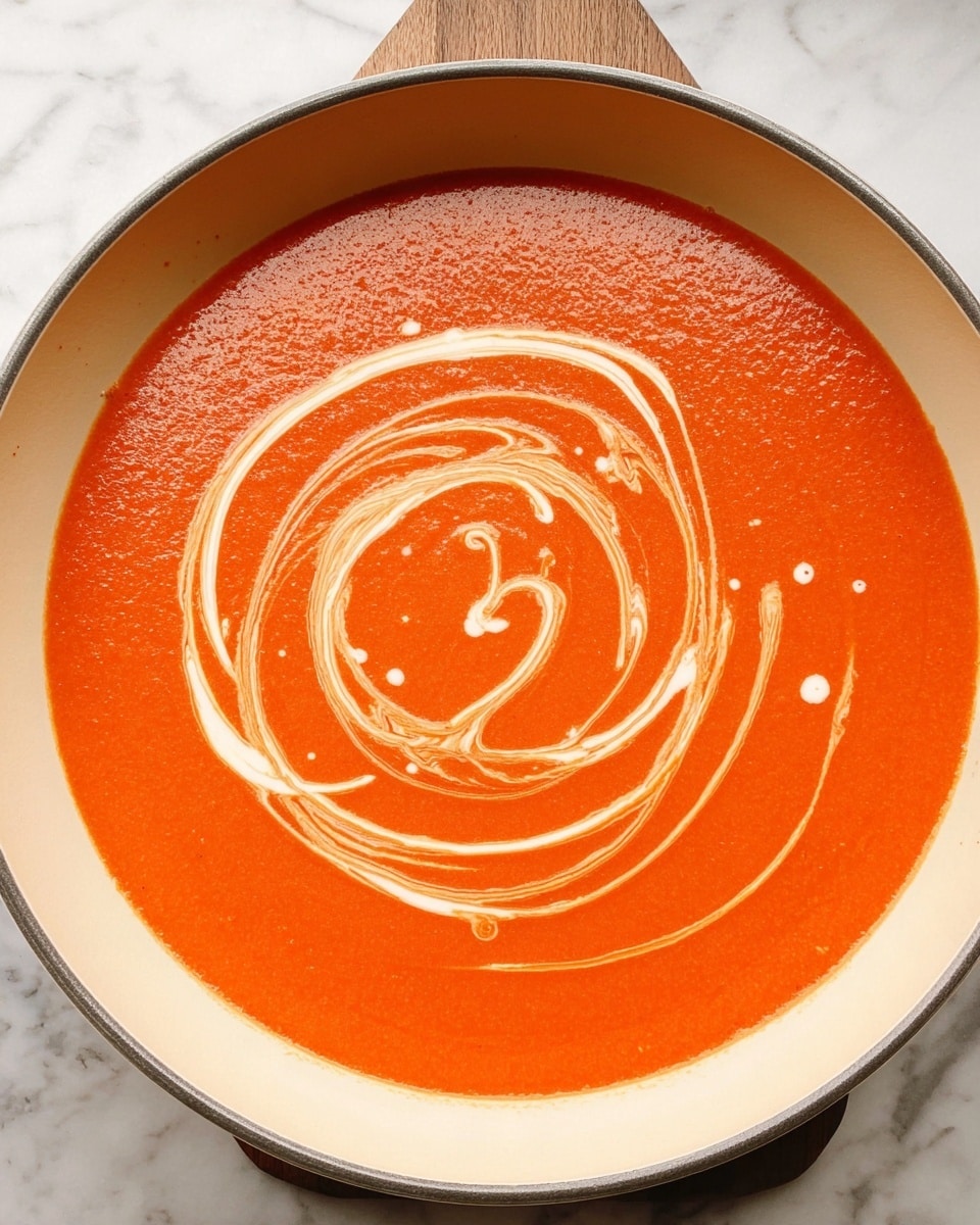 A close-up view of a shallow white pan filled with smooth, thick orange-red soup. The top layer has a swirl of light cream in a loose spiral pattern, creating a contrast with the soup's vibrant color. The pan's inside edge is pale beige, and the background has a white marbled texture with a small part of a wooden surface visible at the top. Photo taken with an iphone --ar 4:5 --v 7