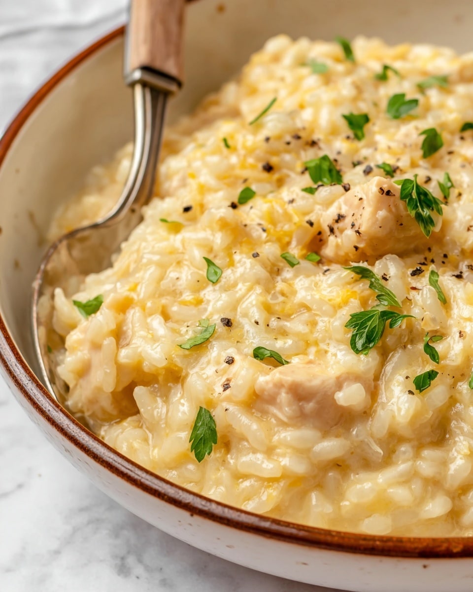 A close-up view of a creamy, light yellow risotto with small chunks of chicken mixed in, topped with small green parsley bits and tiny black pepper pieces scattered across the surface, all inside a white bowl with a brown rim; a silver spoon with a wooden handle is slightly dipped into the risotto, resting near the edge of the bowl, against a white marbled surface background photo taken with an iphone --ar 4:5 --v 7