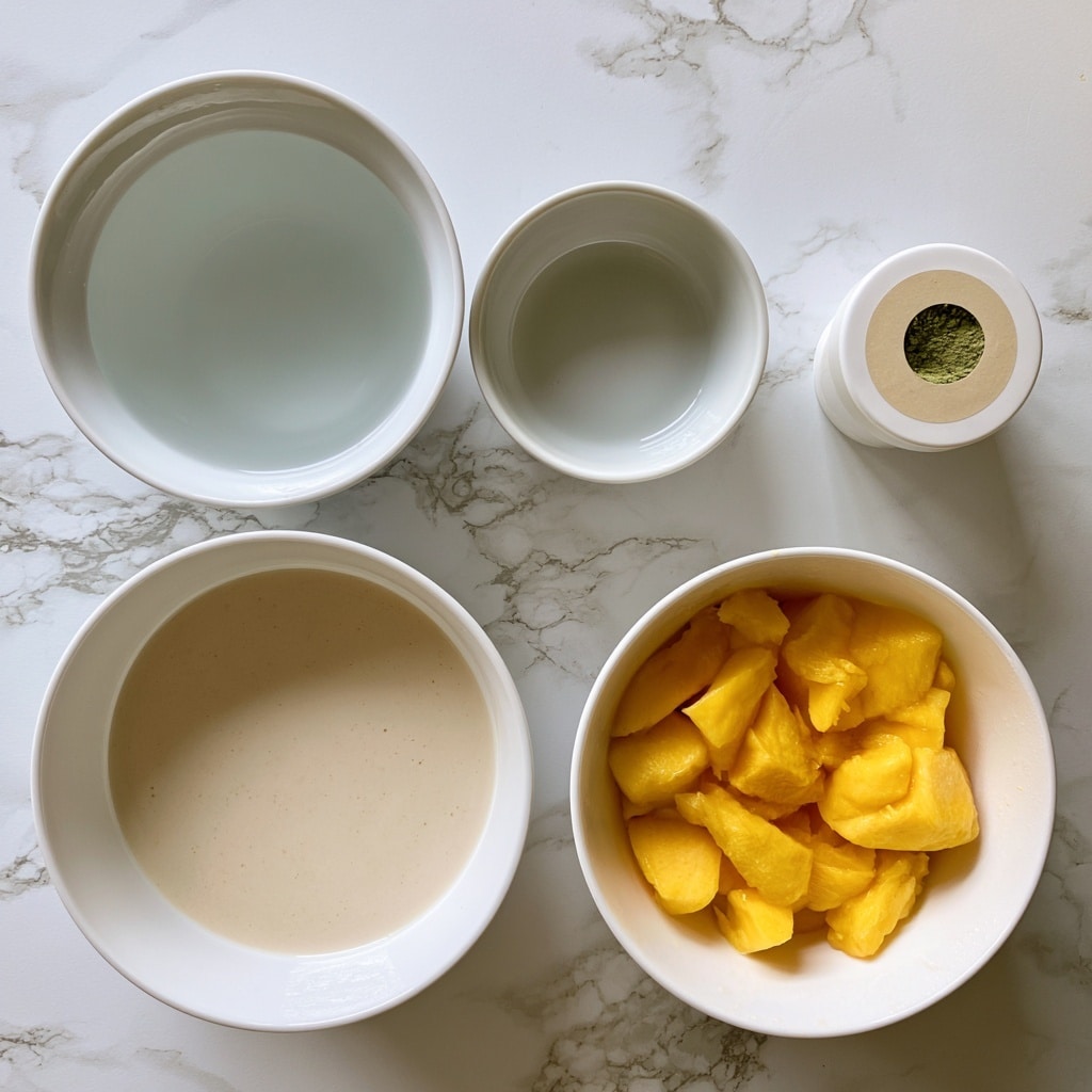 The image shows five items arranged neatly on a white marbled surface. At the top left is a white bowl filled with clear water, beside it to the right is a smaller empty white bowl labeled vanilla syrup. To the far right is a small white round container with a beige label marked matcha. Below the water bowl, there is a white bowl filled with light beige soy milk, and to its right is another white bowl filled with bright yellow mango chunks, fresh or defrosted. The colors and textures contrast well with the white bowls and the marble background. Photo taken with an iphone --ar 4:5 --v 7