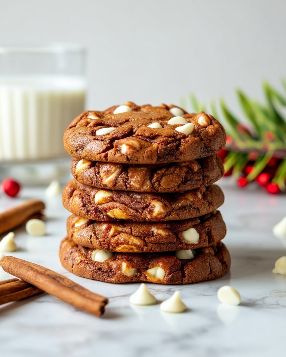 A stack of four thick, chewy cookies with a warm brown color sits centered on a white marbled surface. Each cookie is filled with visible white chips, creating a texture contrast between the smooth chips and the rough cookie dough. The cookies are piled neatly, showing the rounded edges and slightly cracked tops. In the back left of the image, a clear glass of milk is softly blurred, while in the back right, some green and red decorations add a subtle holiday touch. A pair of cinnamon sticks lies on the surface in the front left corner. The focus is sharp on the cookies, highlighting their texture with a soft, bright background. Photo taken with an iphone --ar 4:5 --v 7