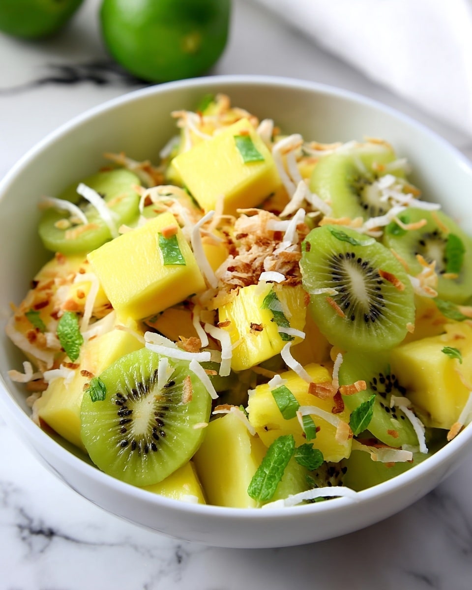 A close-up view of a fruit salad in a white bowl showing multiple layers: the bottom layer has bright yellow pineapple chunks with a soft texture, the middle layer includes light green sliced kiwi with small black seeds, and the top layer is sprinkled with white and golden-brown toasted coconut flakes and small green mint leaves. The bowl sits on a white marbled surface with a blurred green fruit in the background. photo taken with an iphone --ar 4:5 --v 7