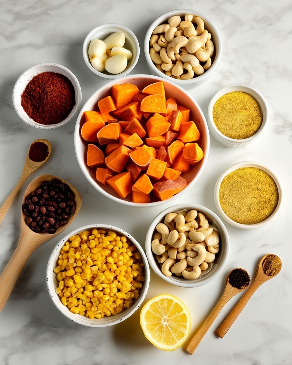 A top view of several white small bowls and spoons with food ingredients arranged on a white marbled surface. The largest bowl in the center holds bright orange chopped sweet potatoes, cut into medium chunks. Around it are five smaller white bowls: one with whole garlic cloves, one filled with golden yellow nutritional yeast, one with light tan cashew nuts, one containing bright yellow corn kernels, and the last one with dark black beans. To the left and bottom right of the bowls are three wooden spoons: one filled with red chili powder, one with dark brown coffee grounds, and one with light brown ground spices. Two lemon halves with bright yellow peel and pale interior sit near the bottom edge of the image. Photo taken with an iphone --ar 4:5 --v 7
