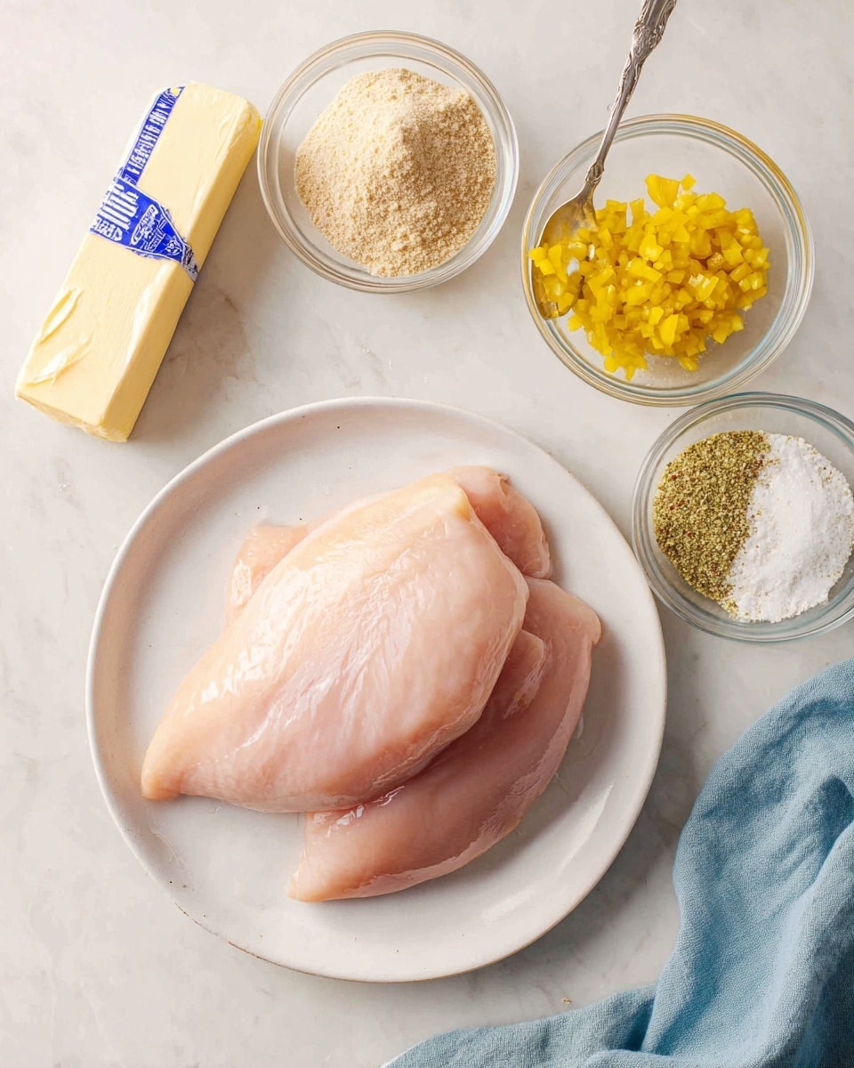 A white plate holds three large pieces of raw, pale pink chicken, neatly stacked with smooth and fresh textures. Above the plate on a white marbled surface are three small clear glass bowls: one filled with light tan powder mixed with a spoon, another full of bright yellow peppers, and the third containing a mix of white and green seasoning powder. To the left of the plate is a pale yellow stick of salted butter with blue and white packaging. A soft blue cloth is placed on the right edge of the image. photo taken with an iphone --ar 4:5 --v 7
