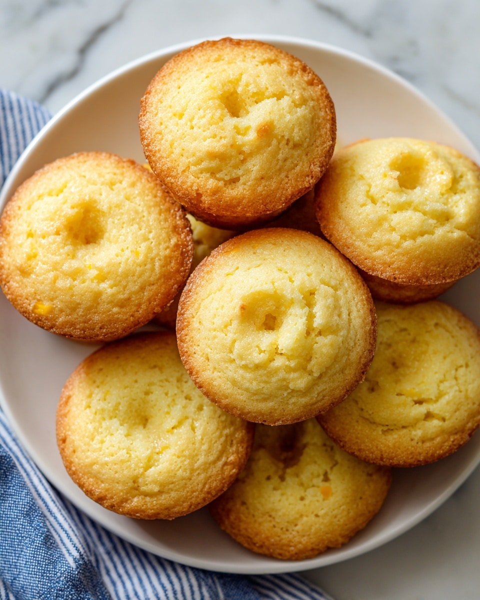 Several small, round cornbread muffins with a light yellow color and slightly textured tops are arranged closely together on a white plate. Each muffin has a small round hole in the center and a smooth, soft appearance with evenly distributed air pockets on the surface. The plate rests on a white marbled surface with a blue and white striped cloth partially visible on the lower left side. The lighting is bright, showing the muffins' delicate texture clearly. photo taken with an iphone --ar 4:5 --v 7
