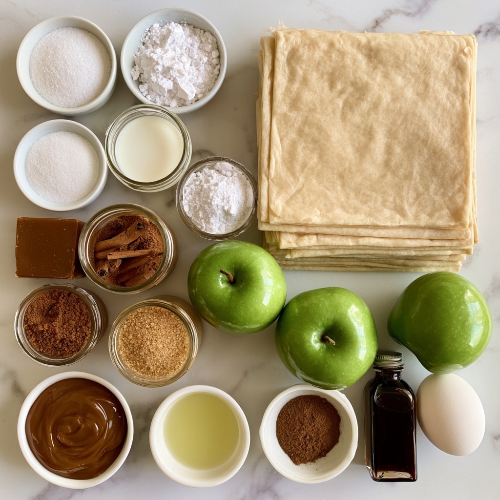 The image shows a white marbled surface with several baking ingredients neatly arranged. In the center are three green apples with smooth shiny skin. To the right of the apples lies a stack of light beige puff pastry sheets with a slightly rough texture. Around these main items are small white bowls and glass containers holding different ingredients: white granulated sugar with a fine grain texture, white cornstarch powder, smooth white milk in a small glass bowl, a small white bowl with a brown square of butter, and a white bowl filled with fine white powdered sugar. There is a small white dish holding two brown ground spices labeled cinnamon and nutmeg in clear glass jars. Additional items include a jar of golden brown sugar with a crumbly texture, a translucent bowl of light golden caramel sauce, a small white dish with brown allspice powder, another small white bowl with clear lemon juice, and a tiny dark glass bottle of vanilla extract. An egg with a smooth white shell is placed beside the butter. photo taken with an iphone --ar 4:5 --v 7