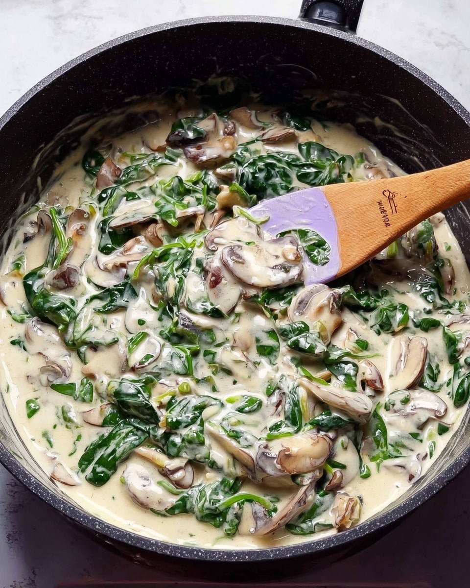 The image shows a black pan filled with a creamy white sauce mixed with chopped fresh green spinach leaves and sliced light brown mushrooms. The sauce has a smooth and rich texture that coats the vegetables evenly. A light purple spoon is resting inside the pan with some sauce on it. The pan is placed on a white marbled surface. photo taken with an iphone --ar 4:5 --v 7