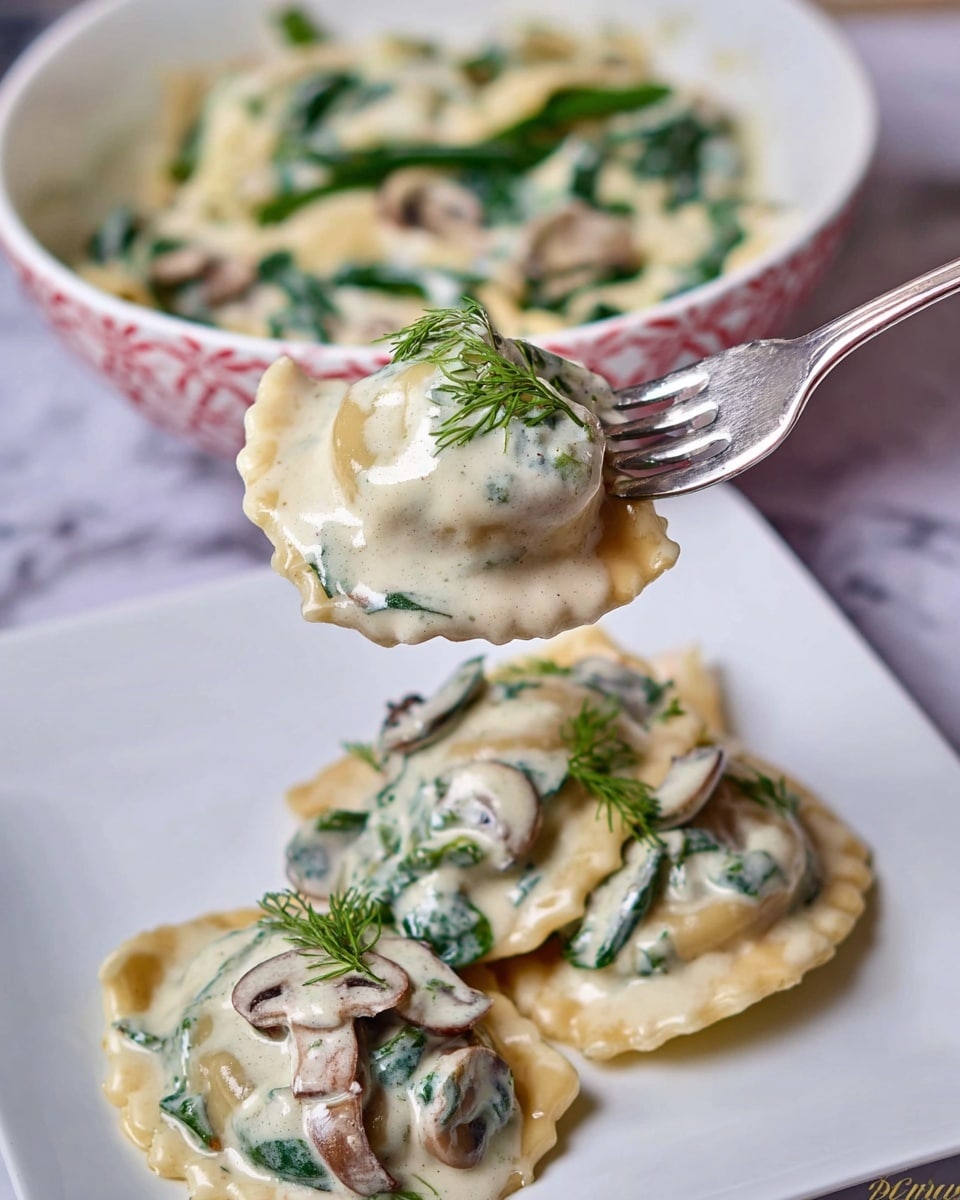 Two soft, light beige dumplings sit on a white plate over a white marbled surface. They are covered with a thick, creamy white sauce mixed with green leafy bits and small pieces of tender mushrooms. Fresh green dill sprigs rest on top of the sauce, adding a touch of color and texture. The dumplings have a smooth, slightly shiny surface under the sauce. photo taken with an iphone --ar 4:5 --v 7
