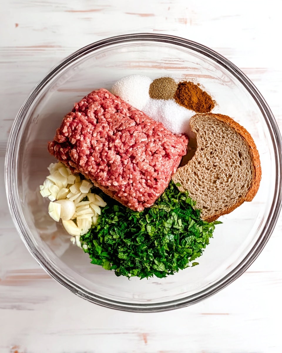 A clear glass bowl sits on a white marbled surface, filled with several layers of ingredients for a dish. The bottom layer is a large block of pink lean ground beef placed slightly to the left. To the right of the beef, there are two slices of torn whole wheat bread with a light brown color. Above the beef and bread are small heaps of spices: a brown cumin, cinnamon mix, and a white pile of salt. Below the beef, on the left side, there are four cloves of finely chopped white garlic. On the right side below the beef, a pile of fresh mint leaves, deep green and finely chopped, fills the space. The textures show a variety of coarse, soft, and powdery materials ready to be mixed. Photo taken with an iphone --ar 4:5 --v 7