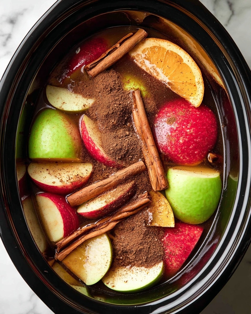 The image shows a black slow cooker filled with large cut pieces of red apples, green apples, and orange slices arranged in layers, each piece partially submerged in liquid. Over the fruit pieces there is a dark brown powder sprinkled generously and a few whole cinnamon sticks placed on top, creating a textured, warm look. The slow cooker and fruit contrast with the white marbled surface underneath, highlighting the vivid colors of the fruits and spices. photo taken with an iphone --ar 4:5 --v 7