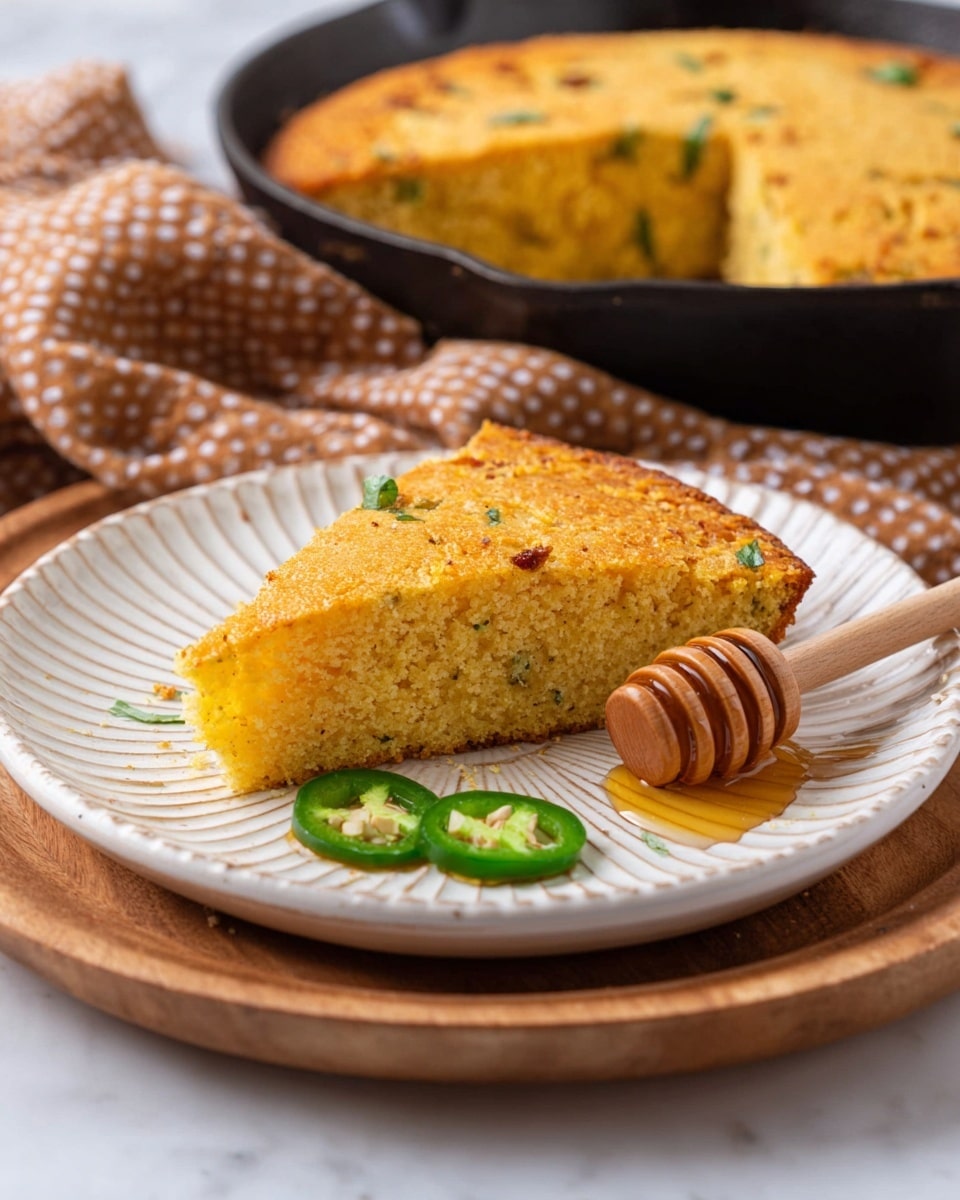 The image shows a single slice of cornbread on a white ridged plate placed on a wooden tray. The cornbread slice has a golden brown top layer with a rough texture and a slightly crumbly interior that is light yellow with bits of green herbs inside. On the plate next to the cornbread slice are two small slices of green jalapeño pepper and a wooden honey dipper resting in a small pool of honey, with some honey drizzled on the plate close to the cornbread. In the background, there is a cast iron pan with the remaining cornbread, which has a slightly browned top and jalapeño slices visible embedded on the surface. The setting is on a white marbled surface with a brown-checkered cloth nearby. photo taken with an iphone --ar 4:5 --v 7