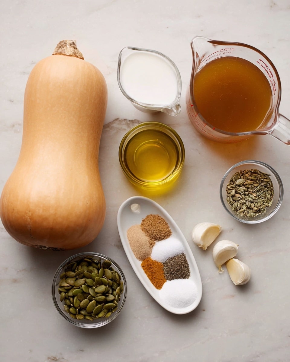The image shows cooking ingredients placed on a white marbled surface. On the left, there is a whole light tan butternut squash with a matte texture. Above it, a round brown onion with smooth skin sits close to a clear glass bowl filled with white coconut milk. To the right, a small white bowl holds a mix of brown and beige spices. Near the bottom center, a clear glass measuring cup contains dark brown broth. Next to it, a small clear glass bottle holds golden olive oil with a dropper on top. Two peeled white garlic cloves rest in a small clear glass bowl. A larger clear glass bowl filled with green pumpkin seeds is positioned at the top right corner. The layout is simple and evenly spaced, all items clearly visible and well lit photo taken with an iphone --ar 4:5 --v 7