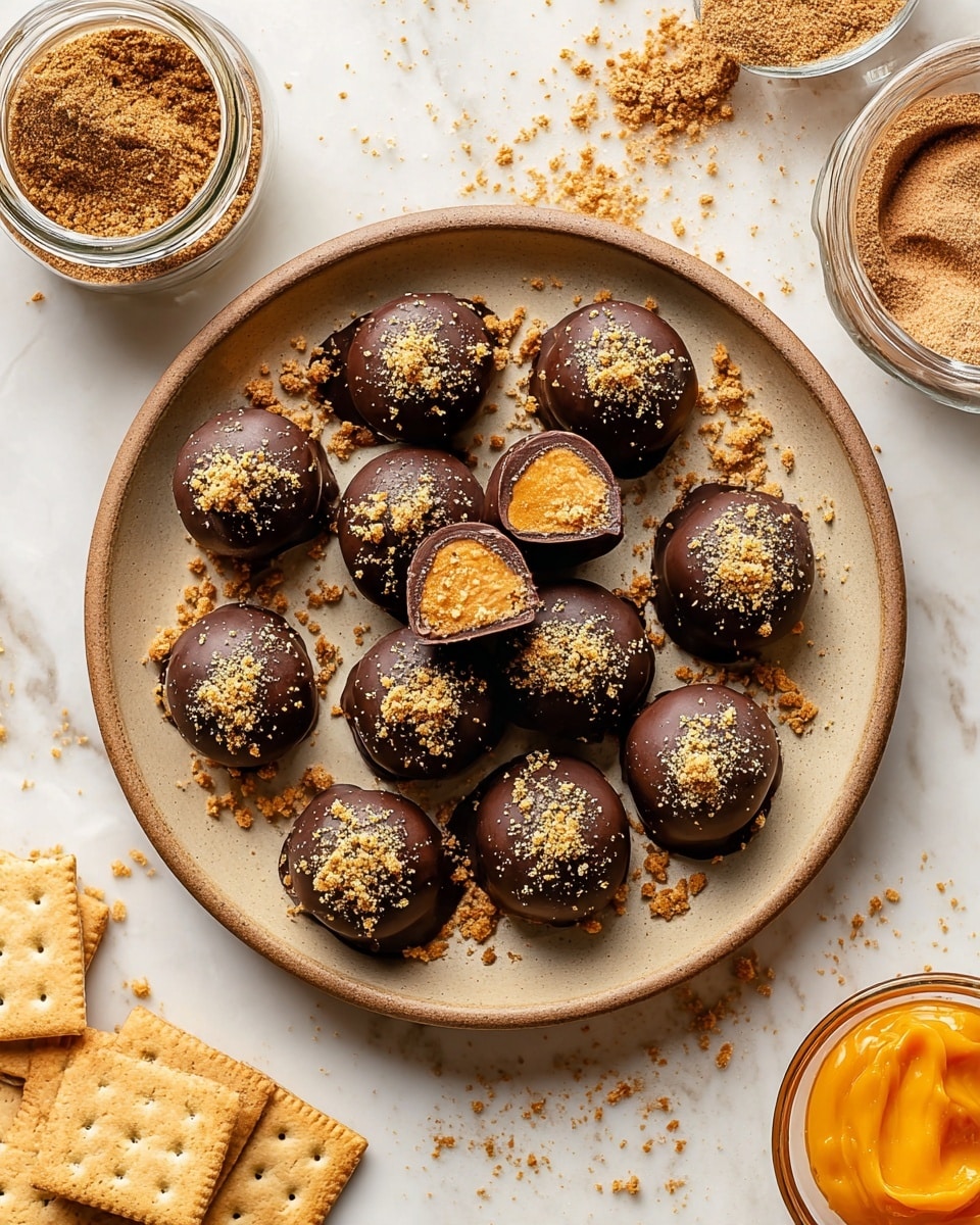 A round white plate on a white marbled surface holds 15 small, round truffles arranged in a loose circle and cluster. Each truffle has a smooth, dark chocolate outer layer coated with crumbly light tan biscuit crumbs sprinkled on top. One truffle is open, showing an orange-brown textured filling inside. Around the plate, small piles of crushed biscuits and whole square biscuits are scattered on the white marbled surface. A glass jar filled with a reddish-brown powder and a wooden spoon is at the top. A small brown bowl with more biscuit crumbs and a clear glass bowl containing orange puree are partially visible near the edges. Photo taken with an iphone --ar 4:5 --v 7