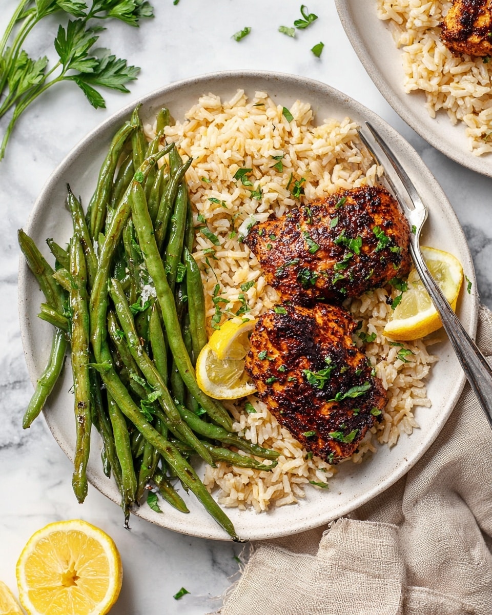 A white plate holds three main layers: at the back is a bed of light brown rice with a slightly shiny texture, taking up half the plate; in front of the rice are two pieces of dark, richly spiced, grilled chicken with a slightly crispy surface, sprinkled with small green herb pieces; on the left side lies a neat pile of long, bright green cooked green beans with visible seasoning; a fresh half lemon slice rests on the green beans near the chicken. A silver fork is placed on the right side of the plate. The setting is on a white marbled surface with scattered small green herb pieces and two lemon wedges nearby. A beige cloth napkin lies under the bottom of the plate. Photo taken with an iphone --ar 4:5 --v 7
