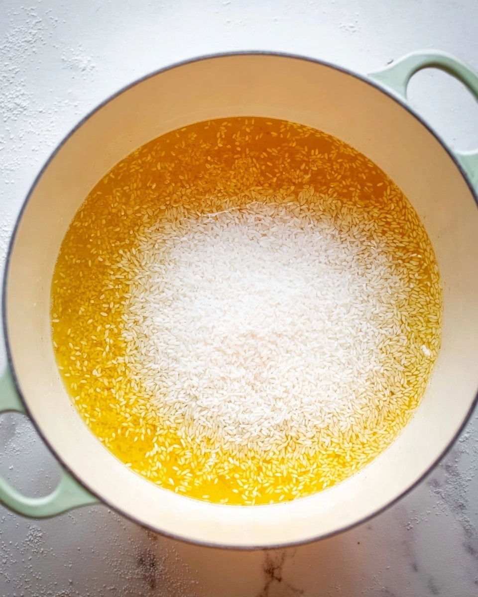 A close-up top view of a white pot filled with bubbling yellow butter or oil covering the bottom, with a mound of uncooked white rice placed in the center above the liquid. The pot is set on a white marbled surface, and the vibrant orange-yellow butter or oil contrasts with the white grains of rice, creating a clear division between the two layers photo taken with an iphone --ar 4:5 --v 7