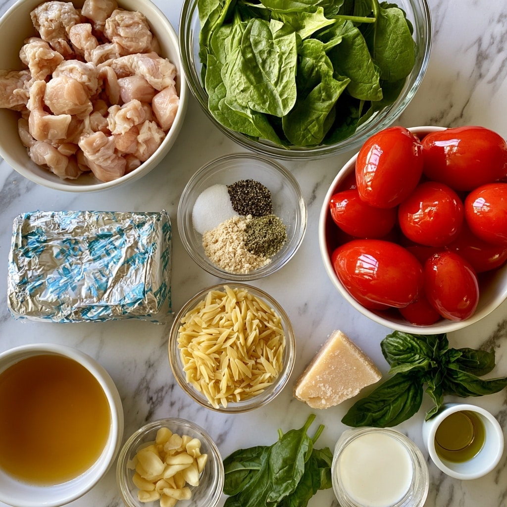 The image shows a collection of ingredients arranged neatly on a white marbled surface. At the top left is a white bowl filled with raw, pale pink chicken pieces. To the top right is a clear bowl full of fresh, dark green spinach leaves. A block of cream cheese is placed to the left center. Below that, a white bowl holds bright red tomatoes. Near the center is a small clear bowl with mixed spices in white, black, and green colors labeled salt, pepper, onion powder, and Italian seasoning. A clear bowl with uncooked yellow orzo sits below the cream cheese. A wedge of light yellow parmesan cheese is next to some fresh green basil leaves. Toward the bottom, a white bowl of golden olive oil is next to a bigger white bowl holding brown chicken broth. Another small clear bowl contains minced light yellow garlic, and a clear glass holds thick white heavy cream. Each item is spaced clearly to show the ingredients for a meal photo taken with an iphone --ar 4:5 --v 7