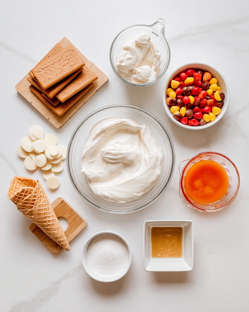 The image shows a top view of several ingredients arranged on a white marbled surface. In the center, a clear glass bowl holds a large, smooth, white creamy substance. To the left, six stacked rectangular brown biscuits lay flat, and above them is a clear glass cup filled with more white cream with a swirled texture. Above the glass bowl is a small white bowl filled with round, colorful candy pieces in red, yellow, and brown. To the right, a small white square dish holds a golden brown liquid, and next to it, a clear measuring cup contains a thick orange puree. Below these items, a white bowl is filled with smooth, white chocolate discs, and near the bottom left corner, a small white bowl has a fine white powder. A small white square dish close to the bottom center contains a white granulated substance. A small wooden cutting board with three waffle cones stacked inside it is placed above the central bowl. All items are neatly spaced, creating a clean, organized composition. Photo taken with an iphone --ar 4:5 --v 7