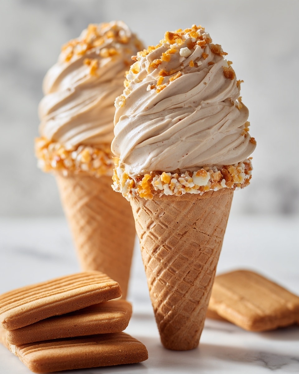 Two waffle cones are shown stacked on a white marbled surface, each filled with smooth, swirled cream in a light beige color. The top edge of each cone is coated with crushed pieces of orange, white, and yellow candy or nuts, adding a rough texture and bright colors. The cones have a classic grid pattern with warm brown tones. Below and in front of the cones, several rectangular light brown cookies with a ridged border are arranged flat. The whole scene is softly lit and set against a clean white background. Photo taken with an iphone --ar 4:5 --v 7