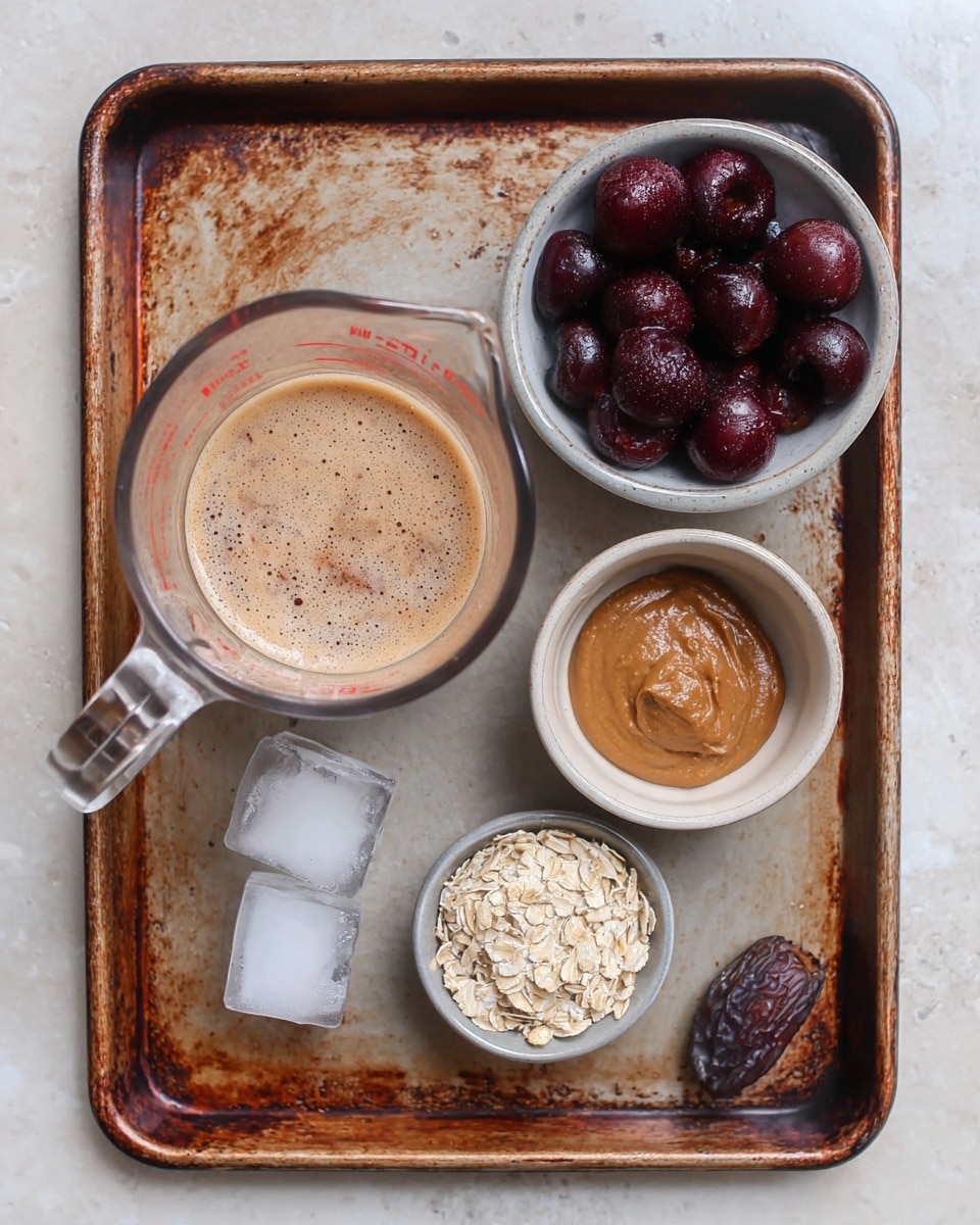 The image shows a rusted brown baking tray on a white marbled surface. On the tray, there is a clear glass measuring cup filled with light brown liquid with white swirls on the left side. To the right, four small containers are placed: a beige bowl with smooth brown nut butter, a white bowl filled with dark red frozen cherries, a white bowl holding light beige rolled oats and a single dark brown date, and two small melting ice cubes next to it. The setup is neat and clean, with a soft natural light illuminating the objects. Photo taken with an iphone --ar 4:5 --v 7