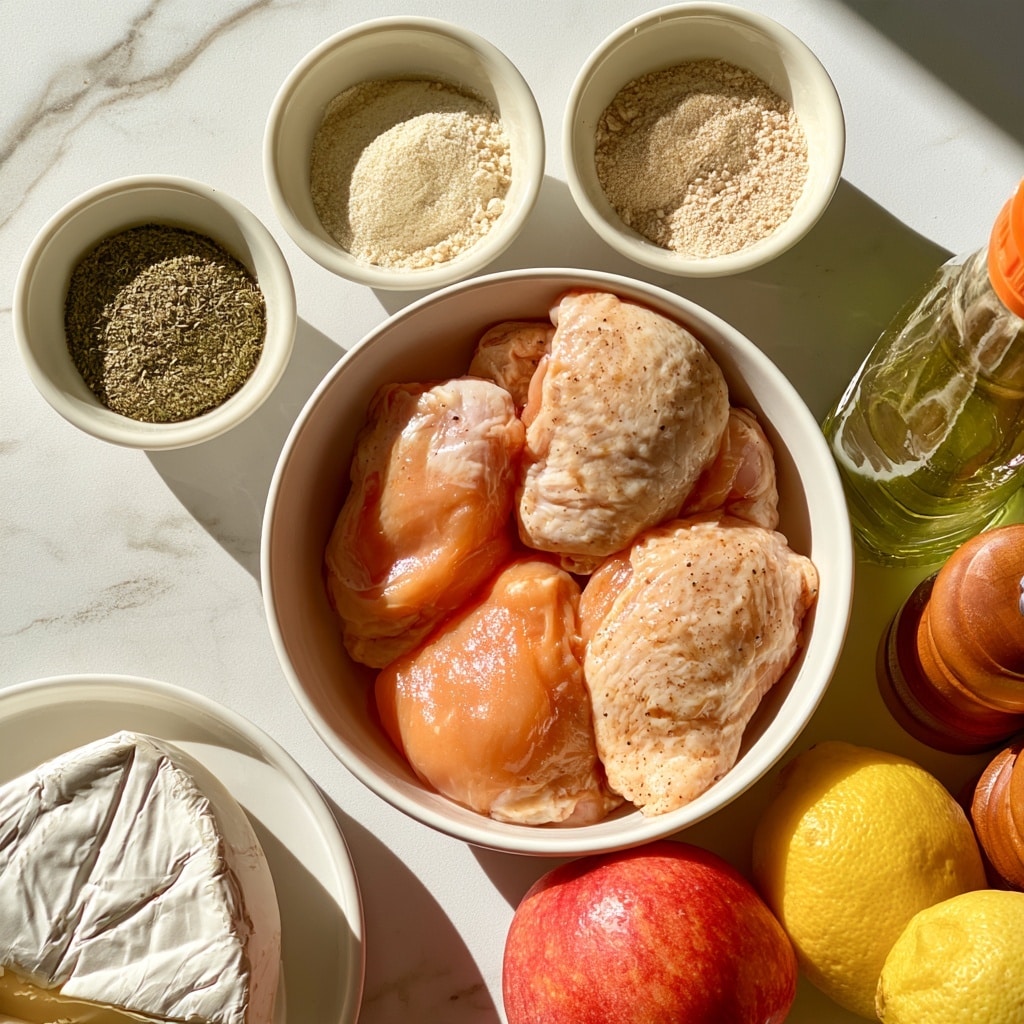 The image shows several ingredients neatly arranged on a white marbled surface. In the center right, there is a white bowl filled with four pieces of raw chicken with smooth, shiny, light orange skin. Above, three small white bowls hold dried oregano with a greenish texture, garlic powder that looks pale and powdery, and onion powder which is light beige. On the lower left, a wedge of smooth brie cheese sits on a white plate. To the lower right, there is a greenish oil bottle with an orange cap, a red apple with a smooth texture, a yellow lemon, and wooden salt and pepper shakers with a warm brown color. The items are evenly spaced and well-lit with natural light. Photo taken with an iphone --ar 4:5 --v 7