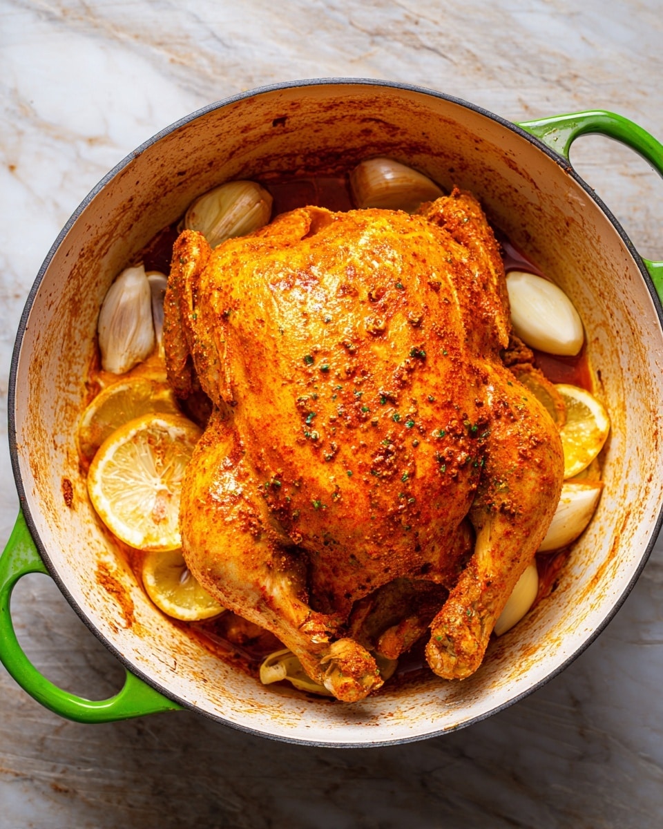 A whole chicken covered in orange-red spices and herbs sits inside a white pot with a green handle. Underneath the chicken are several lemon slices showing bright yellow and white layers, along with some garlic cloves scattered around. The chicken skin looks glossy with visible spice bits on top, and the pot has spice marks along the sides. The background is a white marbled surface. photo taken with an iphone --ar 4:5 --v 7