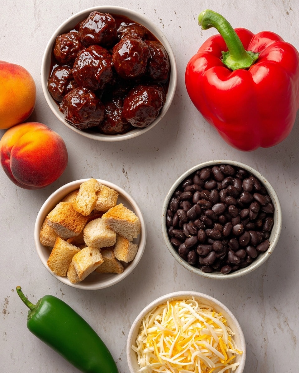 The image shows six main items on a white marbled surface: at the top left, a white bowl filled with dark brown glazed meatballs covered in shiny sauce; near the center-left, a whole bright red bell pepper with a green stem; scattered around are three whole ripe peaches with red and yellow skin; near the bottom, two white bowls, one filled with chunky light brown croutons and another with shredded pale yellow cheese; and at the center bottom right, a white bowl with black beans. A single green jalapeño pepper lies near the center bottom. photo taken with an iphone --ar 4:5 --v 7