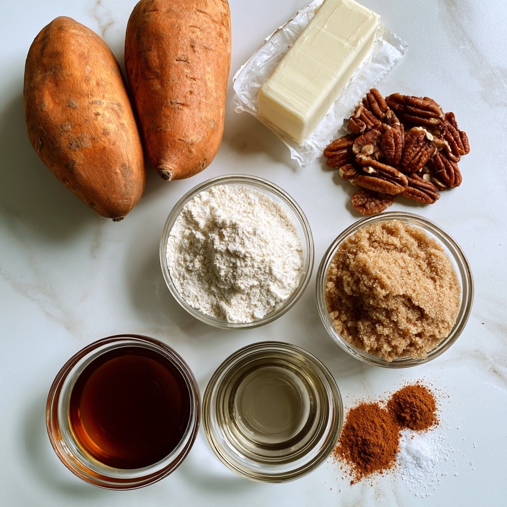The image shows raw ingredients arranged neatly on a white marbled surface. At the top left, there are two whole sweet potatoes with a rough orange-brown skin. To the right, a stick of butter in its wrapper sits near a small pile of pecan halves with rich brown colors and textured surfaces. Below the sweet potatoes, two glass bowls, one filled with white flour and the other with light brown sugar, are placed side by side. Under them, another glass bowl holds dark amber maple syrup, while a similar bowl nearby contains clear olive oil. Near the bottom right, small piles of ground cinnamon with a warm reddish-brown color and fine white salt grains are arranged. The layout is clean and simple, emphasizing each ingredient distinctly. Photo taken with an iphone --ar 4:5 --v 7