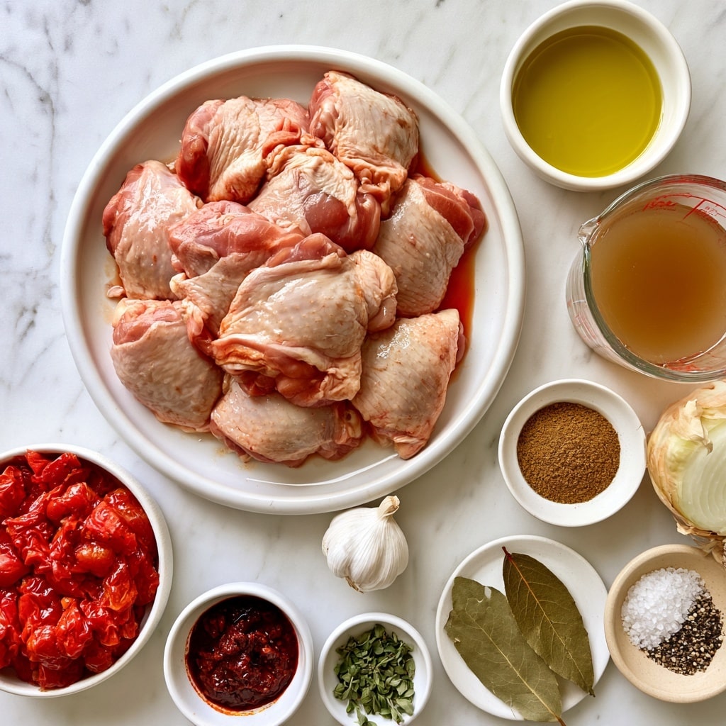 A white plate in the center holds nine raw pink chicken thighs stacked in two overlapping layers, showing smooth and slightly wet texture. Surrounding the plate on a white marbled surface are small white bowls and plates with various ingredients: a small white bowl of bright golden olive oil to the right, a clear glass measuring cup filled with light brown chicken broth below it, a whole white garlic bulb in the middle below the plate, a small white bowl with light brown cumin powder, a whole white onion with pale layers beside the cumin, a small white bowl filled with bright red fire roasted tomatoes on the left bottom side, a small white bowl of dark red chipotle in adobo sauce below the tomatoes, a small white bowl with green oregano leaves, a small round white plate with two large dried green bay leaves, and a small beige dish with coarse white salt and crushed black pepper. The whole set is arranged neatly on the marble. Photo taken with an iphone --ar 4:5 --v 7
