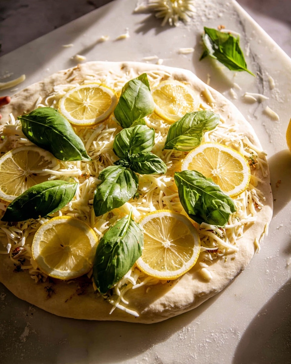A round pizza dough base lies flat with a layer of shredded white cheese spread evenly over it. Thin, translucent yellow lemon slices are placed in a scattered pattern across the cheese. Large, fresh green basil leaves sit on top, adding a pop of color and texture. The scene is set on a white marbled surface with natural sunlight casting soft shadows. A small white flower decoration is near the top of the image, and part of a woman's hand is visible near the edge of the frame. photo taken with an iphone --ar 4:5 --v 7