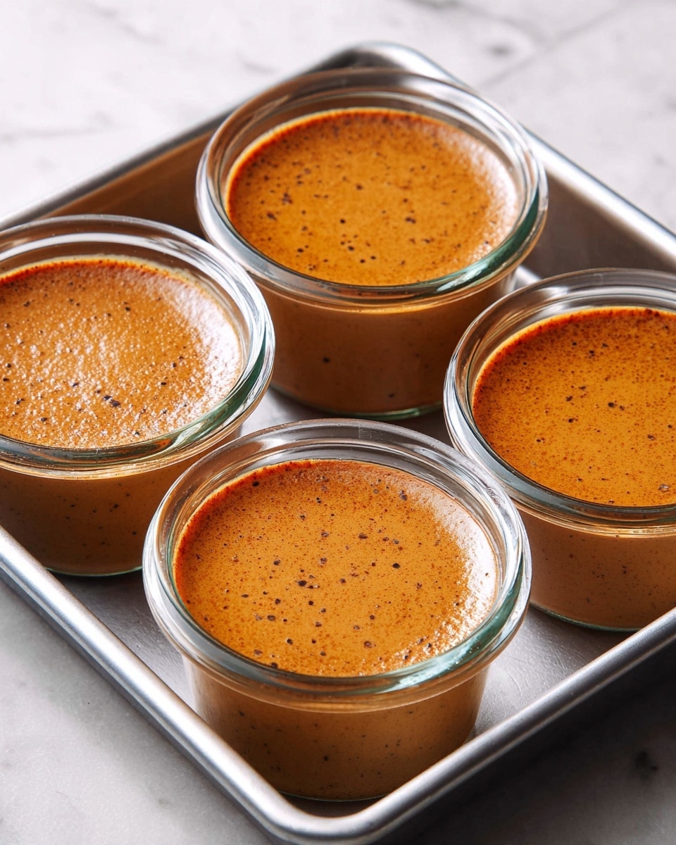 Four clear glass ramekins hold a smooth, shiny caramel-colored dessert with a slightly darker top layer. The dessert appears creamy with tiny dark specks throughout, presented in a square metal baking tray. The ramekins are evenly filled to the top edge, showing a consistent texture and color in each. The whole setup is on a white marbled surface that softly reflects light, giving a clean and neat appearance. photo taken with an iphone --ar 4:5 --v 7