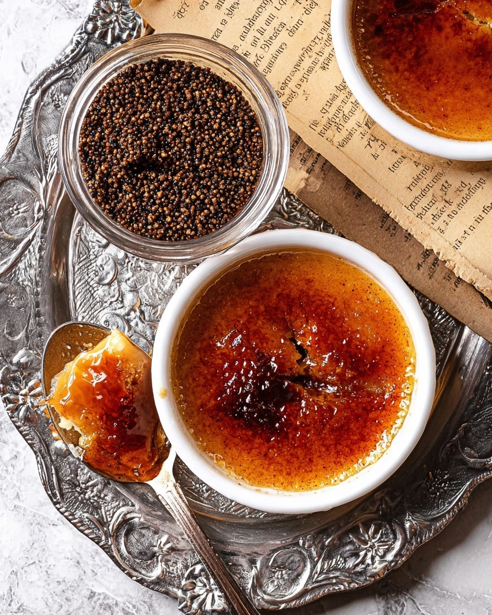 The image shows a close-up of a white bowl filled with dark, coarse granules of ground spice, with shades of brown and black and a rough texture. Below it, there is a white round dish with a crème brûlée dessert that has a deep golden brown caramelized sugar top that is cracked in the center, revealing a smooth, creamy beige custard layer underneath. The dishes are placed on an embossed silver tray with floral patterns, and next to the crème brûlée is an old, worn page from a book. A silver spoon rests nearby, holding a scoop of the dessert showing the glossy, caramelized top layer and soft custard inside. The background surface is a white marbled texture. photo taken with an iphone --ar 4:5 --v 7