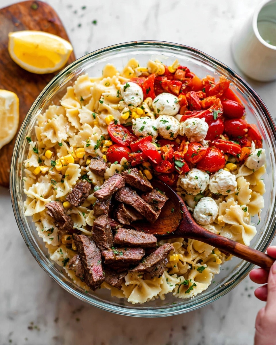 A spread of ingredients on a white marbled surface shows a large white bowl in the center filled with curly-edged, pale brown pasta. Around it, clockwise from top left, are small white bowls with bright yellow grilled corn kernels, vivid red chopped tomatoes, two lemon halves with bright yellow skin, a small white dish with finely chopped green herbs, two small glasses with golden and amber liquids, a white plate holding a large raw piece of marbled red meat seasoned with salt and pepper, and more small white bowls containing chopped shallots, minced garlic, white mini mozzarella balls, and roasted red peppers, with one small bowl holding more green herbs. photo taken with an iphone --ar 4:5 --v 7