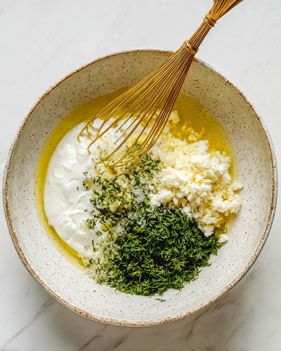A white speckled bowl holds five main ingredients in separate spots before mixing: a pool of golden olive oil along the edges, a generous white creamy layer of yogurt on one side, a pile of finely chopped bright green herbs, a mound of pale yellow minced garlic, and a cluster of crumbled white cheese. A shiny gold whisk sits inside the bowl, partially resting on the yogurt and garlic layers. The bowl is set on a white marbled surface with clean lines in the background. photo taken with an iphone --ar 4:5 --v 7