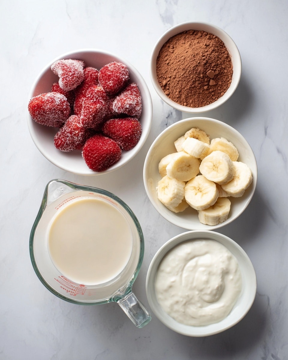 The image shows five different ingredients each in separate white bowls or clear measuring cup, placed on a white marbled surface. In the left center, there is a white bowl filled with frozen strawberries coated with frosty ice crystals, bright red and textured. Above it, a white bowl contains fine, brown cocoa powder with a slightly rough surface. To the right of the cocoa, another white bowl holds a light brown grainy powder with some reddish tones. Below it, a white bowl has sliced bananas, pale yellow with soft round edges. At the bottom right, a white bowl contains thick white yogurt with a slightly glossy surface. In the bottom left corner, a clear glass measuring cup filled halfway with creamy light beige liquid stands out. The arrangement is simple and neat. photo taken with an iphone --ar 4:5 --v 7