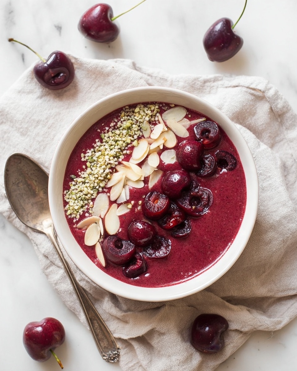 A white bowl filled with a thick, smooth dark red cherry smoothie base. On top, three neat rows of toppings run vertically: on the left, small light green hemp seeds with a soft texture; in the middle, thin, pale beige almond slices; and on the right, halved dark red cherries with shiny surfaces, showing their deep red interiors. The bowl sits on a soft beige cloth with a vintage silver spoon placed to the left side. Several whole cherries with stems lie scattered on a white marbled surface around the bowl. photo taken with an iphone --ar 4:5 --v 7