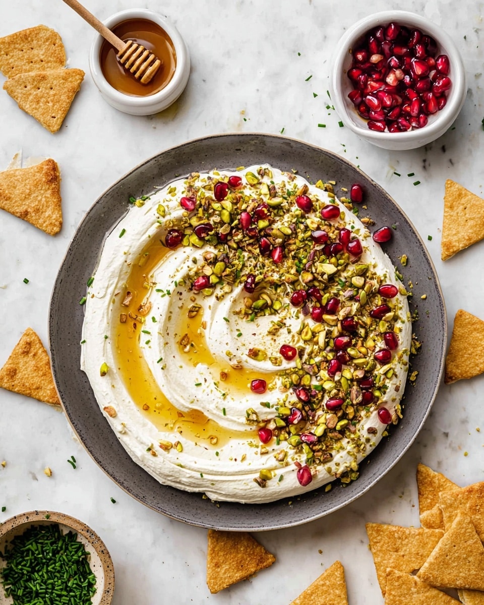 A dark gray round plate on a white marbled surface holds a creamy white spread smoothy swirled, topped with a drizzle of golden honey creating shiny patches. Half the spread is sprinkled with rough chopped green pistachios and bright red pomegranate seeds scattered unevenly, with tiny chopped green chives scattered on top and around. Surrounding the plate are white bowls: one with extra chopped chives, one filled with pomegranate seeds, one with chopped pistachios, and one with honey and a light wood honey dipper resting inside. Light brown triangular crackers are scattered near the plate on the white marbled surface. photo taken with an iphone --ar 4:5 --v 7