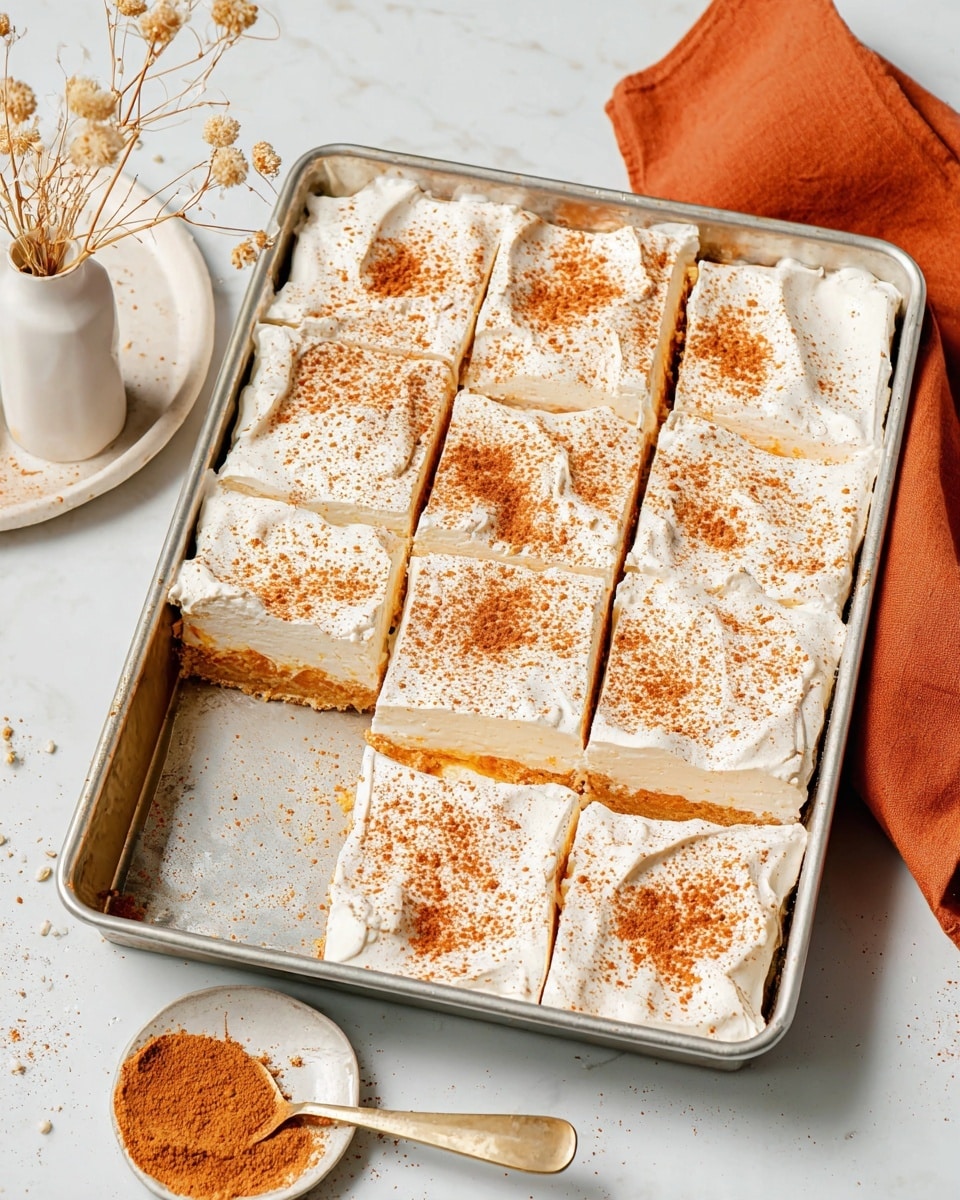 The image shows a rectangular metal baking pan with twelve square pieces of a layered dessert. Each piece has a thick, fluffy white topping sprinkled with a fine layer of cinnamon powder, which adds a warm orange-brown color contrast. The dessert layers underneath the white topping are slightly visible at the edges, showing a golden-brown base. The pan sits on a white marbled surface with a small white dish containing more cinnamon powder and a spoon nearby. A few delicate dried flowers in a small white vase and a burnt orange cloth add soft decorative touches around the pan. photo taken with an iphone --ar 4:5 --v 7