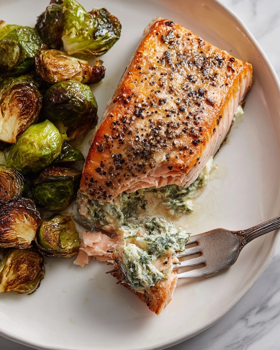 A white plate sits on a grey cloth on a white marbled surface, holding two main parts: on the left, a pile of roasted Brussels sprouts with varying green and golden brown colors, some showing crispy, caramelized edges and grated cheese on top; on the right, a piece of seared salmon, golden brown with black pepper sprinkled, resting on a bed of creamy green sauce. A silver fork is placed to the right of the plate, and part of a glass of light yellow liquid is visible at the top left corner. The photo taken with an iphone --ar 4:5 --v 7