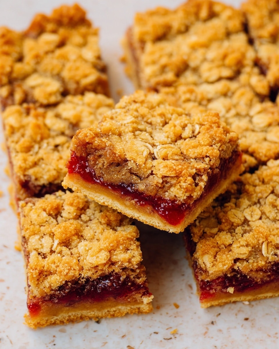A close-up of a sliced square crumb bar with three visible layers: the bottom layer is golden brown and firm, the middle layer is a bright red jam filling slightly visible at the edges, and the top layer is a crumbly, textured golden brown mixture scattered with bits of oats, covering the whole bar in an uneven, rough pattern. One square piece is lifted above the others, showing all layers clearly, while the rest of the slices are aligned closely together on a white marbled surface. photo taken with an iphone --ar 4:5 --v 7