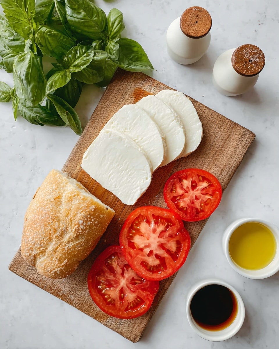 A wooden board is placed on a white marbled surface, holding four white slices of soft cheese in the upper center, three bright red tomato slices in the lower right, and a piece of light brown crusty bread on the left side. To the top right of the board, there is a bunch of fresh green basil leaves. Above the board, two small white ceramic shakers with brown tops are visible. At the bottom right corner of the image, three small white cups contain yellow olive oil, a dark brown liquid, and a lighter liquid, partially shown. The overall scene has a clean and fresh look with soft natural lighting. photo taken with an iphone --ar 4:5 --v 7
