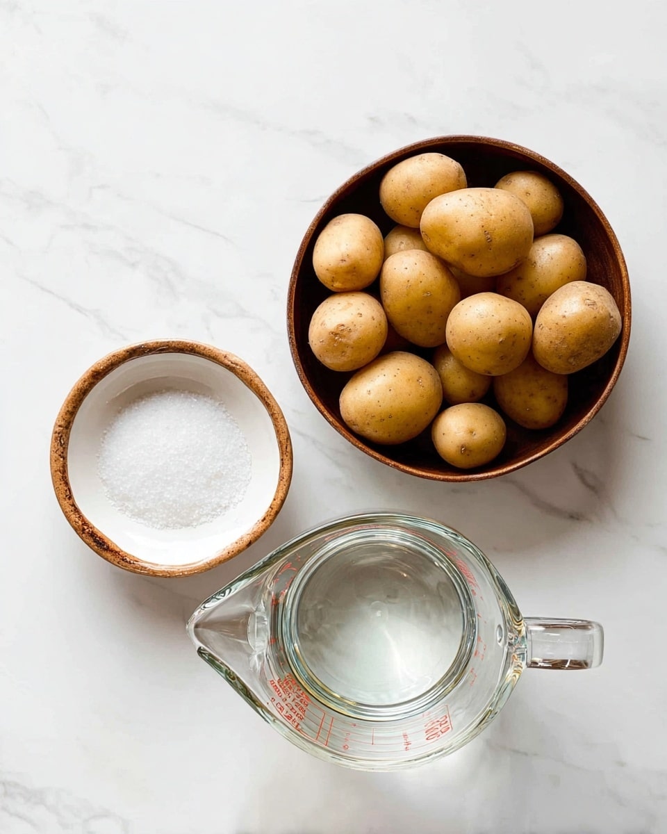 A clear glass measuring jug with a spout filled with clear water sits at the bottom right on a white marbled surface, next to it on the left is a white bowl with brown edges filled with fine white salt, and above both is a round brown bowl filled with many small round and oval light brown potatoes, all arranged in a flat lay style. Photo taken with an iphone --ar 4:5 --v 7