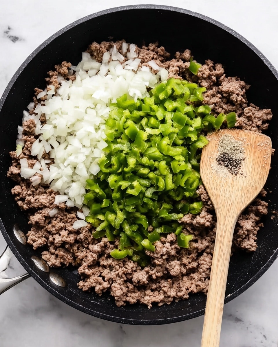 A black cooking pan holds three main layers of ingredients before mixing. The bottom layer is browned ground meat spread evenly across the pan. On top, there are two separate piles: finely diced white onions on the left side and chopped green bell peppers on the right side. On the green peppers, small amounts of salt and black pepper seasoning are placed. A light wooden spoon rests on the right side of the pan. The pan is placed on a white marbled surface. Photo taken with an iphone --ar 4:5 --v 7
