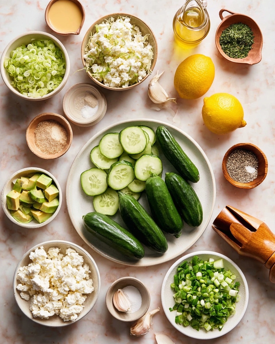 The image shows several ingredients laid out on a white marbled surface, ready for making a dish. In the center, a white plate holds whole and sliced dark green cucumbers, with the slices showing a fresh, moist inside. Surrounding the plate, there are various small bowls: one with white crumbled cheese that looks soft and fluffy, another with chopped green onions showing layers of light and dark green, and a third with diced green avocado pieces showing creamy, light green flesh. Other bowls hold finely chopped darker green herbs, a creamy mustard-yellow sauce, and a pale liquid. There is also a wooden pepper grinder, whole garlic cloves on a small dish, a small bowl with salt, a bowl containing mixed black pepper and salt, a wooden juicer next to two halves of a bright yellow lemon, and a bottle of light golden oil. Everything is arranged neatly with good lighting, and the photo is taken with an iphone --ar 4:5 --v 7