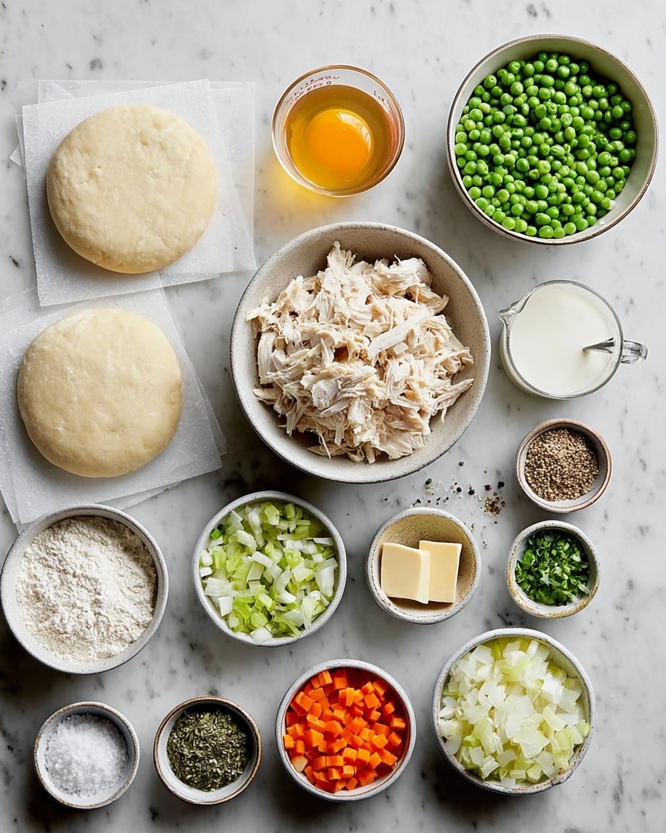 The image shows many small bowls and containers with different cooking ingredients arranged neatly on a white marbled surface. On the left, there are two pale dough rounds on white parchment paper. Moving right, a clear glass cup holds a golden liquid, next to a small bowl filled with frothy beaten egg. A larger pale bowl in the center contains shredded white meat. Above it, a bowl of frozen green peas is placed beside a glass measuring cup with white milk. Small bowls with minced garlic, green herbs, all-purpose flour, butter sticks, chopped green celery, diced white onion, chopped orange carrots, salt, black pepper, and mixed peppercorns complete the arrangement. The bowls vary in size and texture but are uniformly white or neutral in color, creating a clean, organized look. Photo taken with an iphone --ar 4:5 --v 7