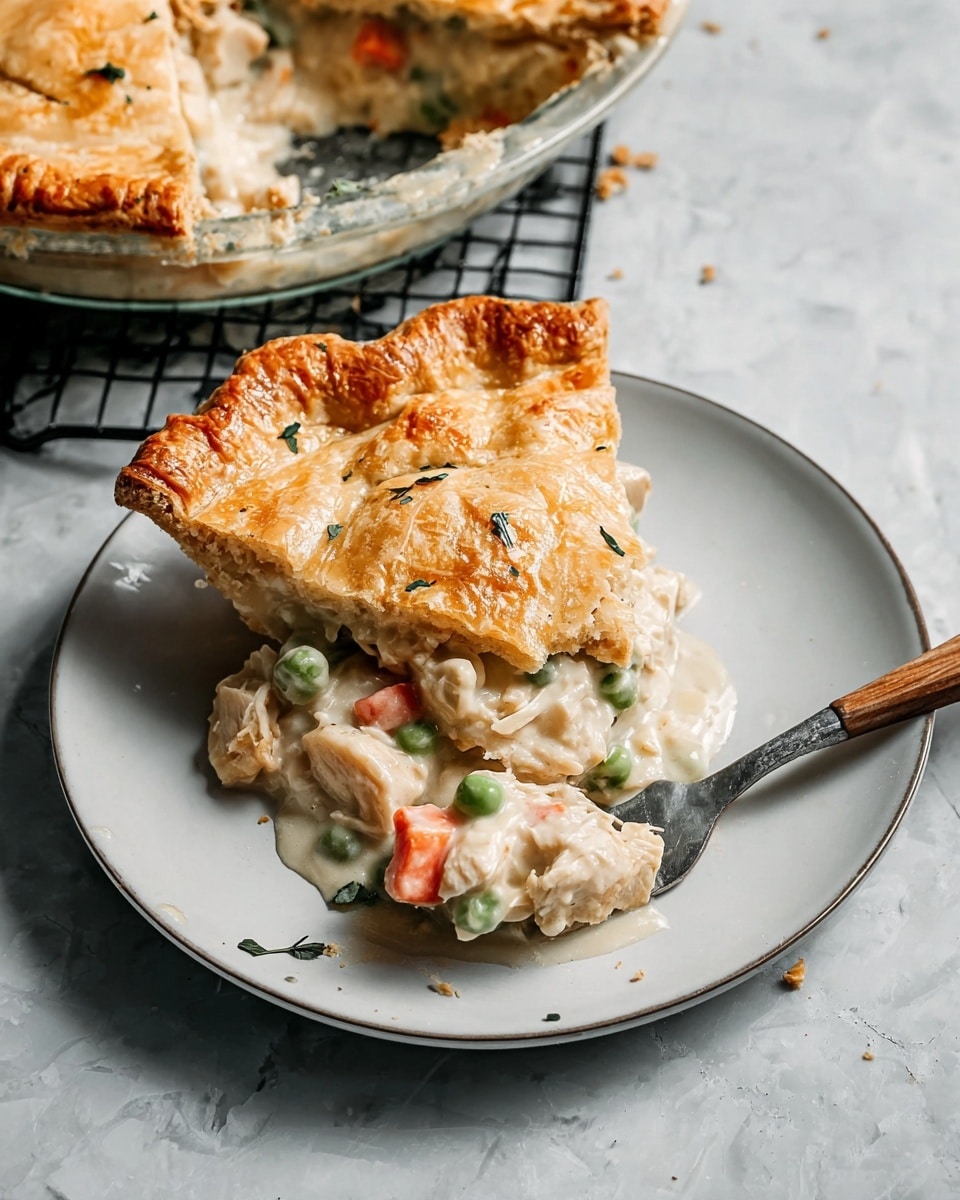 A slice of golden brown pie with a flaky, textured crust is placed on a white plate. The pie slice reveals a creamy filling with visible chunks of white chicken, light orange carrots, and green peas, all mixed in a smooth white sauce that spills slightly onto the plate. The crust has a shiny, slightly crispy top with a few small green herb leaves scattered on it. A fork with a wooden handle is on the plate, holding some of the filling and crust. The background shows part of the remaining pie in a glass dish on a black cooling rack, all set on a white marbled surface. Photo taken with an iphone --ar 4:5 --v 7