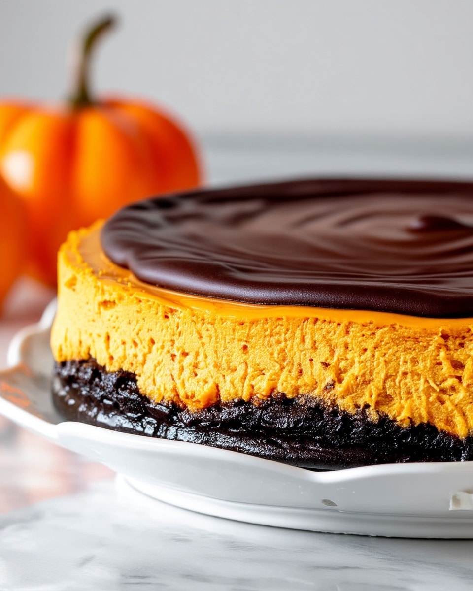 A three-layer dessert is shown with a dark, crumbly base layer at the bottom, a thick middle layer of bright orange with a smooth but slightly porous texture, and a top layer of shiny, dark chocolate glaze that looks thick and smooth. The dessert is on a white plate with scalloped edges, set against a white marbled background. A small orange pumpkin is softly blurred in the back left, adding a seasonal touch. The photo angle is close and side-level, emphasizing the dessert's clean layers. Photo taken with an iphone --ar 4:5 --v 7