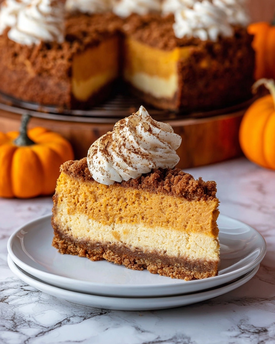 A round pumpkin cheesecake with three visible layers sits on a wooden board: the bottom layer is a dark brown crust, the middle layer is a thick, smooth pumpkin-colored filling, and the top layer is a crumbly, darker brown streusel. Along the edge, there is a ring of white whipped cream piped in swirls, with a light dusting of brown spice on top. Around the cheesecake are small bright orange pumpkins, cinnamon sticks, and star anise, all arranged on a dark rustic surface. photo taken with an iphone --ar 4:5 --v 7