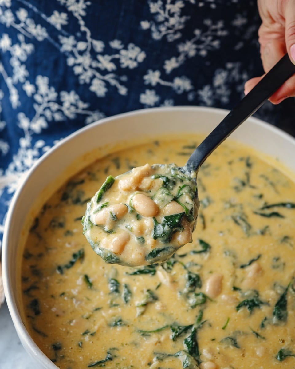 A close-up view of a thick creamy soup with a light yellow base mixed with small white beans and green leafy bits. The soup is held in a large white bowl sitting on a white marbled surface. A black spoon extends from the left side, held by a woman's hand, lifting a spoonful of the soup that shows the texture clearly with bits of beans and spinach visible. The background features a blurred navy blue fabric with white floral patterns. Photo taken with an iphone --ar 4:5 --v 7