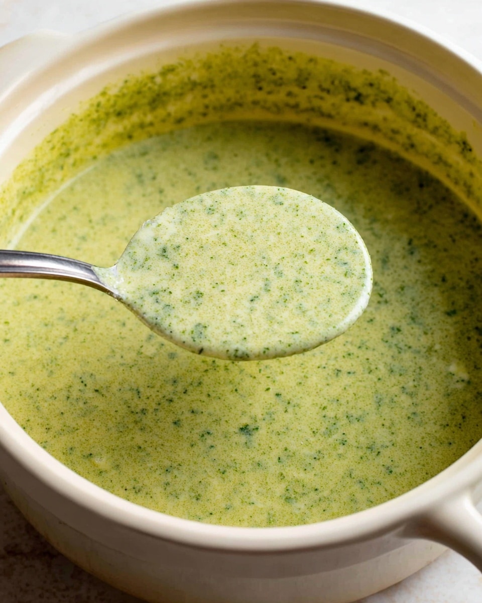 A close-up view of light green creamy soup with tiny green specks throughout, sitting inside a white pot with a simple edge showing at the top. A metal spoon lifts some soup, showing a smooth, thick texture with light and dark green tones. The inside edge of the pot has some light green smudges from the soup. The scene is on a white marbled surface. photo taken with an iphone --ar 4:5 --v 7