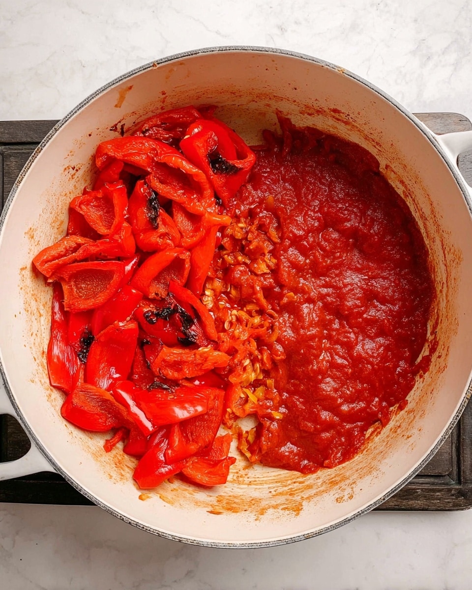 The image shows a white pot filled with two main layers of food. On the left side, there are bright red roasted pepper pieces with visible black char marks and a shiny, slightly oily texture. On the right side, there is a thick, smooth tomato sauce that has a rich red color and small chunks, taking up about half the pot. The inside of the pot has some splashes and stains from cooking, and the pot is placed on a white marbled surface. Photo taken with an iphone --ar 4:5 --v 7