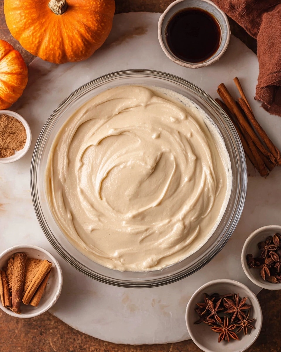 A clear glass bowl filled with a thick, creamy beige mixture that has smooth peaks and swirls on the top layer. The bowl is placed on a white marbled surface. Around the bowl, there are small white bowls and a cup filled with various ingredients including cinnamon sticks, star anise, and a dark liquid, as well as a small orange pumpkin partly visible on the top left corner. The overall setting gives a warm, cozy feel with earthy tones. photo taken with an iphone --ar 4:5 --v 7